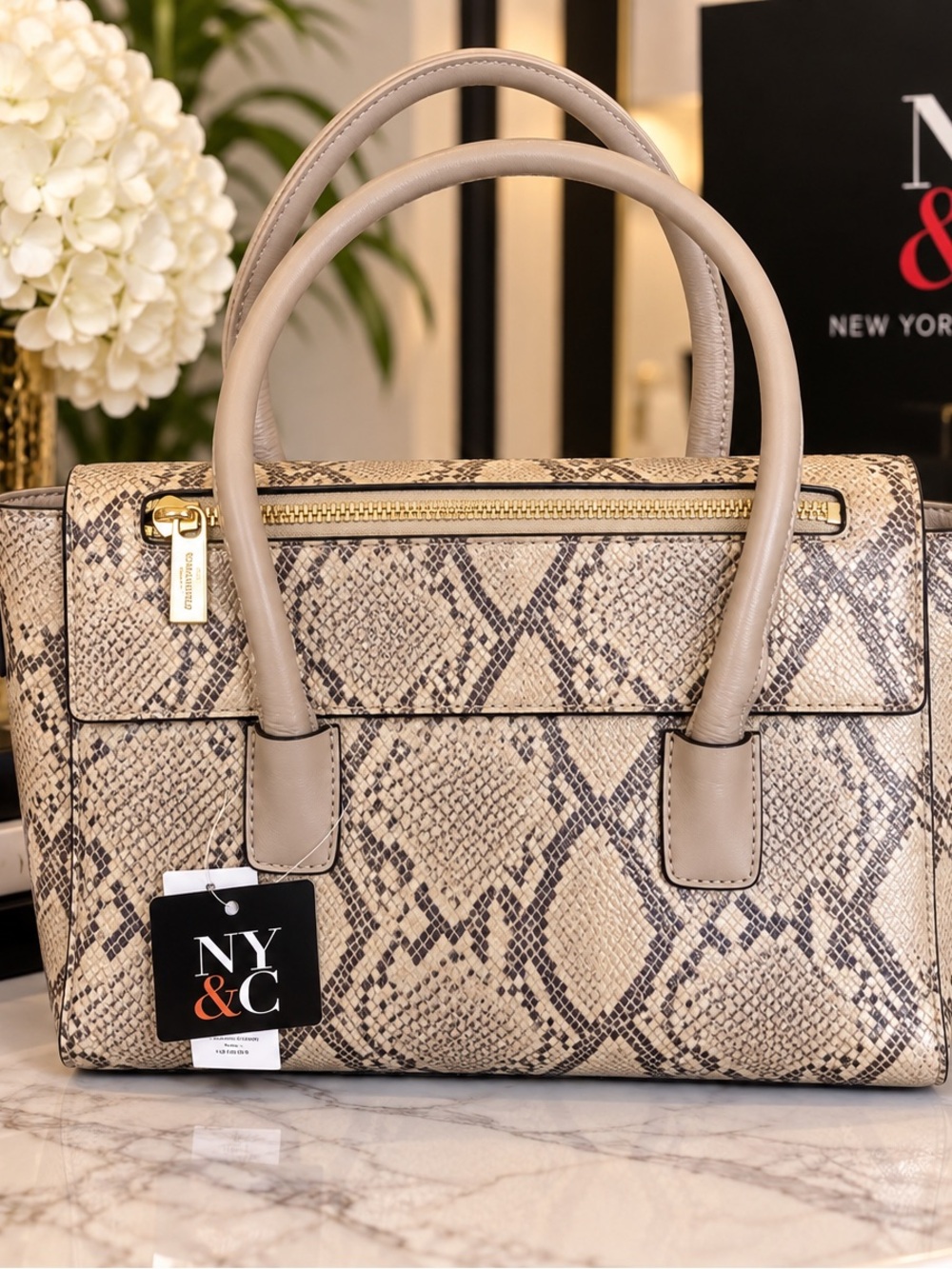 New York & Company Taupe Snake-Print Satchel Handbag